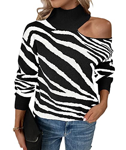 HAHAEMMA Damen Langarm Off One Shoulder Rollkragenpullover Tiger Stripe Print Farbblock Grobstrick Pullover Winter Herbst von HAHAEMMA