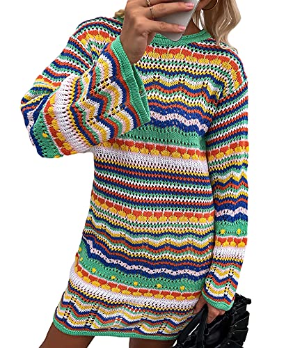 HAHAEMMA Damen Pullover Regenbogen Gestreiftes Häkelstrickkleid Flare Langarm Aushöhlen Bunte Farbkontrast Outfits Streetwear Winter Herbst von HAHAEMMA