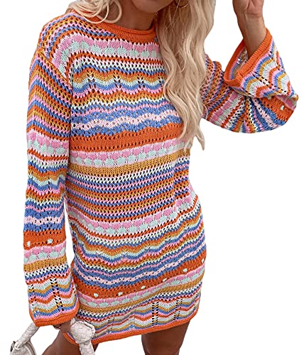 HAHAEMMA Damen Pullover Regenbogen Gestreiftes Häkelstrickkleid Flare Langarm Aushöhlen Bunte Farbkontrast Outfits Streetwear Winter Herbst HAHAEMMA Damen Pullover Regenbogen Gestreiftes Häkelstrickkleid Flare Langarm Aushöhlen Bunte Farbkontrast Outfits Streetwear Winter Herbst von HAHAEMMA