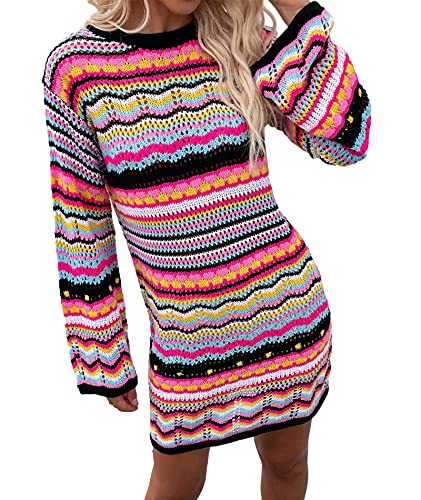 HAHAEMMA Damen Pullover Regenbogen Gestreiftes Häkelstrickkleid Flare Langarm Aushöhlen Bunte Farbkontrast Outfits Streetwear Winter Herbst von HAHAEMMA