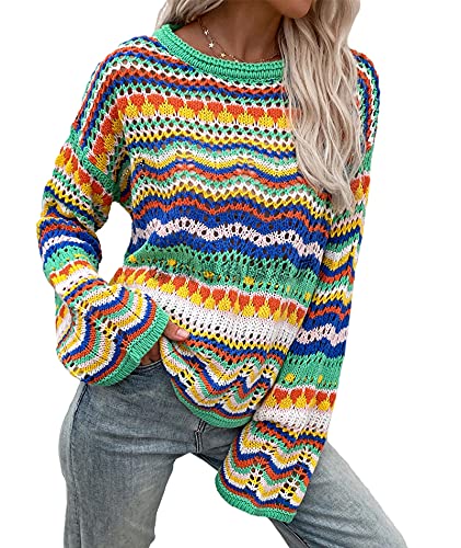 HAHAEMMA Damen Pullover Regenbogen Gestreiftes Häkelstrickpullover Flare Langarm Aushöhlen Bunte Farbkontrast Outfits Streetwear Herbst Winter von HAHAEMMA