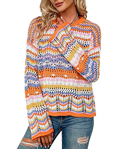 HAHAEMMA Damen Pullover Regenbogen Gestreiftes Häkelstrickpullover Flare Langarm Aushöhlen Bunte Farbkontrast Outfits Streetwear Herbst Winter von HAHAEMMA