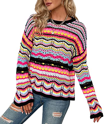 HAHAEMMA Damen Pullover Regenbogen Gestreiftes Häkelstrickpullover Flare Langarm Aushöhlen Bunte Farbkontrast Outfits Streetwear Herbst Winter von HAHAEMMA