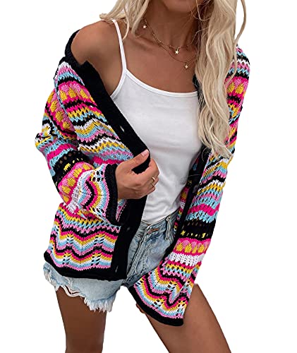 HAHAEMMA Damen Regenbogen Strickjacke Cardigan Pullover Langarm Mehrfarbig Gestreifter Pullover VBLne Offene Jacke Herbst Winter（BL,XL） von HAHAEMMA