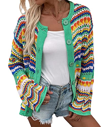 HAHAEMMA Damen Regenbogen Strickjacke Cardigan Pullover Langarm Mehrfarbig Gestreifter Pullover VGRne Offene Jacke Herbst Winter（GR,M） von HAHAEMMA