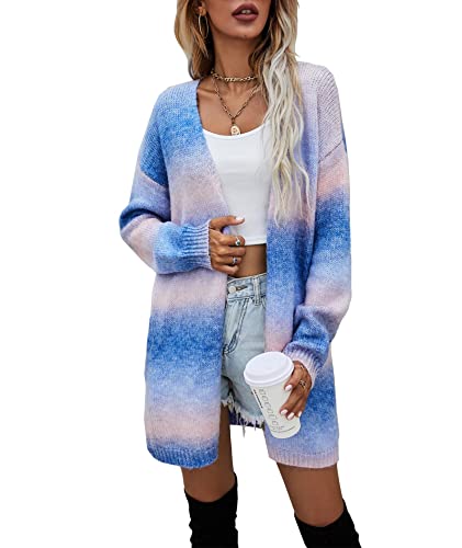 HAHAEMMA Damen Regenbogen Strickjacke Cardigan Pullover Langarm Mehrfarbig Gestreifter Pullover Vorne Offene Jacke Herbst Winter(BE,M) von HAHAEMMA