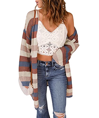 HAHAEMMA Damen Regenbogen Strickjacke Cardigan Pullover Langarm Mehrfarbig Gestreifter Pullover Vorne Offene Jacke Herbst Winter(BL,L) von HAHAEMMA