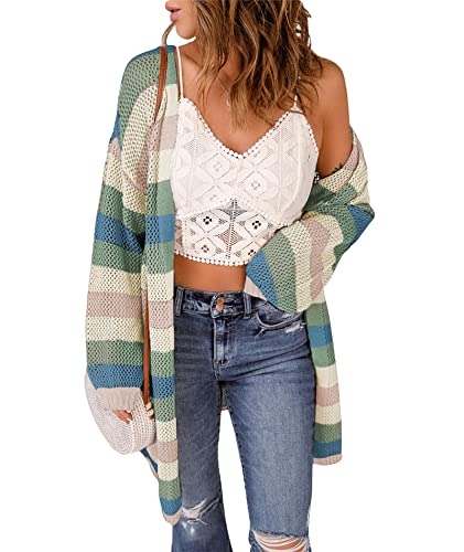 HAHAEMMA Damen Regenbogen Strickjacke Cardigan Pullover Langarm Mehrfarbig Gestreifter Pullover Vorne Offene Jacke Herbst Winter(GR,2XL) von HAHAEMMA