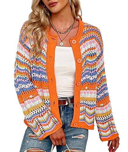 HAHAEMMA Damen Regenbogen Strickjacke Cardigan Pullover Langarm Mehrfarbig Gestreifter Pullover Vorne Offene Jacke Herbst Winter（OR,M） von HAHAEMMA