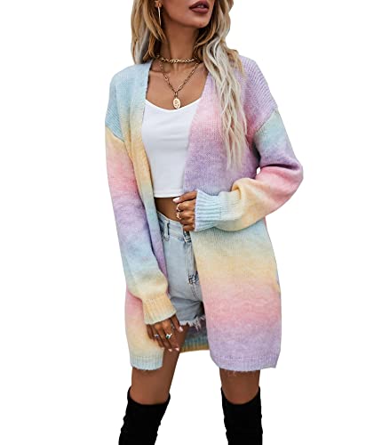 HAHAEMMA Damen Regenbogen Strickjacke Cardigan Pullover Langarm Mehrfarbig Gestreifter Pullover Vorne Offene Jacke Herbst Winter(PI,S) von HAHAEMMA