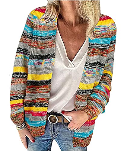 HAHAEMMA Damen Regenbogen Jacke Herbst Strickjacke Cardigan Pullover Langarm Mehrfarbig Gestreifter Pullover Vorne Offene Winter von HAHAEMMA