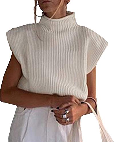 HAHAEMMA Damen Rollkragen Top Elegant Ärmelloser Rollkragenpullover mit feiner Rippenstruktur Stretch Basic Rippstrick Pulli Elegant Täglich für Frühling Sommer WH-M von HAHAEMMA