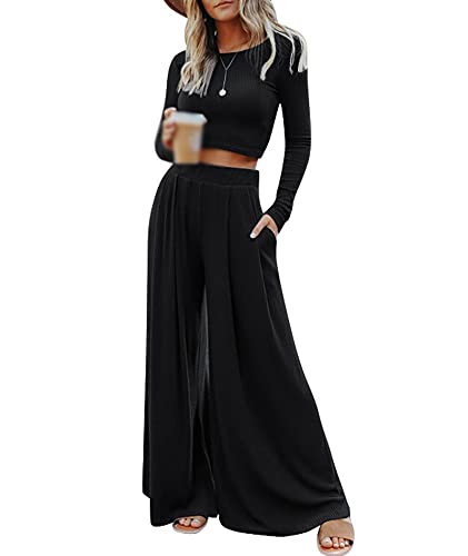 HAHAEMMA Damen Sets Zweiteiler Crop Top Gestrickte Damenbekleidung Langarm Bauchfrei Hohe Taille Hose mit weitem Bein Casual Freizeit von HAHAEMMA