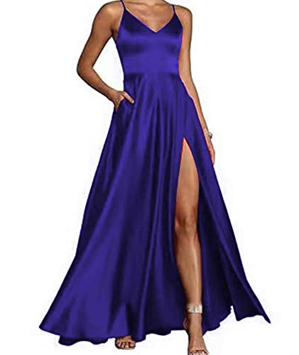 HAHAEMMA Damen Spaghettiträger Abschlussballkleider V-Ausschnitt Hochgeschlossener Satin Formelles Abendkleid mit Taschen BE-M von HAHAEMMA