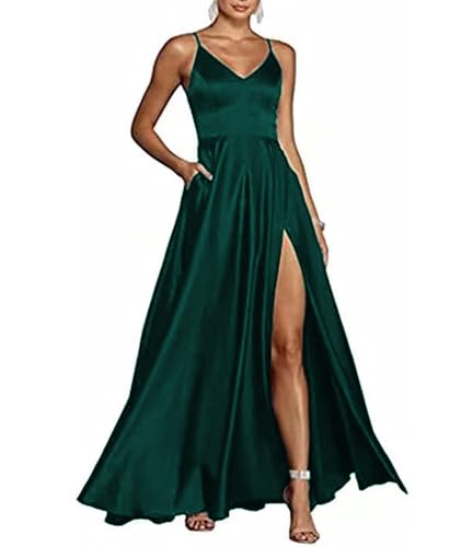 HAHAEMMA Damen Spaghettiträger Abschlussballkleider V-Ausschnitt Hochgeschlossener Satin Formelles Abendkleid mit Taschen BG-L von HAHAEMMA