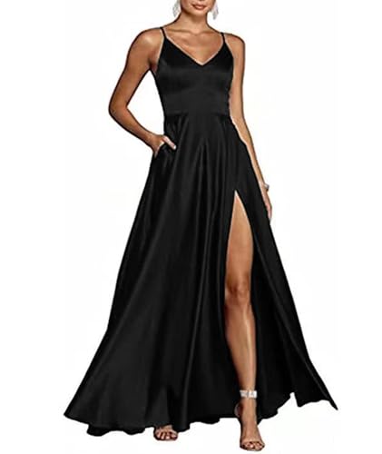 HAHAEMMA Damen Spaghettiträger Abschlussballkleider V-Ausschnitt Hochgeschlossener Satin Formelles Abendkleid mit Taschen BL-L HAHAEMMA Damen Spaghettiträger Abschlussballkleider V-Ausschnitt Hochgeschlossener Satin Formelles Abendkleid mit Taschen BL-L von HAHAEMMA