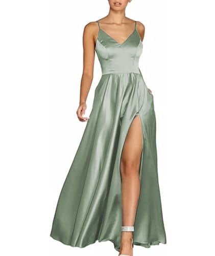 HAHAEMMA Damen Spaghettiträger Abschlussballkleider V-Ausschnitt Hochgeschlossener Satin Formelles Abendkleid mit Taschen GG-S von HAHAEMMA