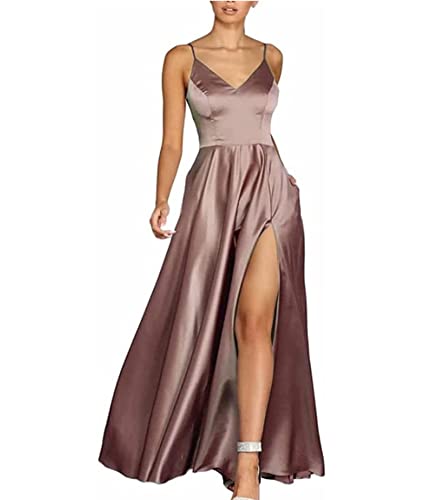 HAHAEMMA Damen Spaghettiträger Abschlussballkleider V-Ausschnitt Hochgeschlossener Satin Formelles Abendkleid mit Taschen RD-3XL von HAHAEMMA