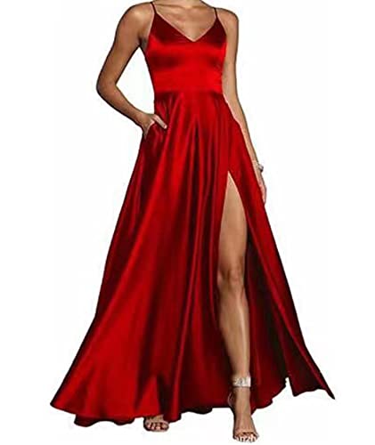 HAHAEMMA Damen Spaghettiträger Abschlussballkleider V-Ausschnitt Hochgeschlossener Satin Formelles Abendkleid mit Taschen RE-M von HAHAEMMA