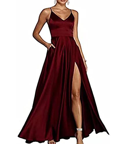 HAHAEMMA Damen Spaghettiträger Abschlussballkleider V-Ausschnitt Hochgeschlossener Satin Formelles Abendkleid mit Taschen WR-L von HAHAEMMA