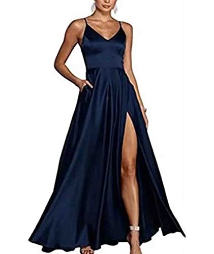 HAHAEMMA Damen Spaghettiträger Abschlussballkleider V-Ausschnitt Hochgeschlossener Satin Formelles Abendkleid mit Taschen ZQ-3XL von HAHAEMMA
