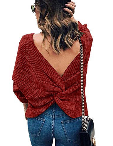HAHAEMMA Damen Winter Frühling Casual V-Ausschnitt Pullover Loose Rückenfrei Fledermaus Batwing Rücken Kreuz Lange Ärmel Sweater Stricken Pullover(WR) von HAHAEMMA