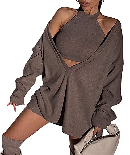 HAHAEMMA Damen Zweiteilige Outfits für Frauen Gestrickte Neckholder Crop Tanktops Schulterfreier Pullover mit tiefem V-Ausschnitt Sweater von HAHAEMMA