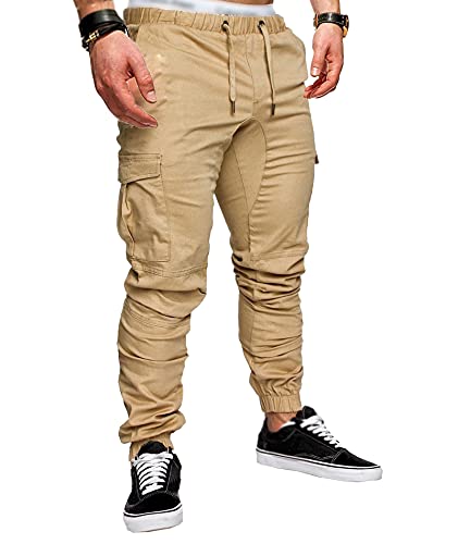 HAHAEMMA Herren Hosen Slim Fit Cargo Chino Casual Jogger Sporthose Freizeithose Jeans Hose mit Taschen Joggers Activewear Hosen Stretch Schwarz Herbst Winter M-4XL（Khaki,M） von HAHAEMMA