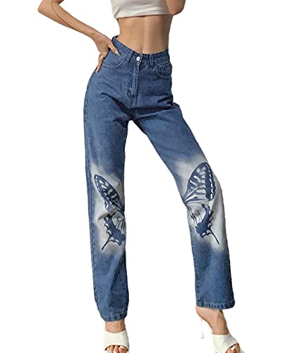 HAHAEMMA Jeans Jeanshose mit Loch Schmetterling Halloween Breites Bein Blau Hohe Taille Mode Stretchy Baggy Loose Y2K Streetwear Club Party von HAHAEMMA