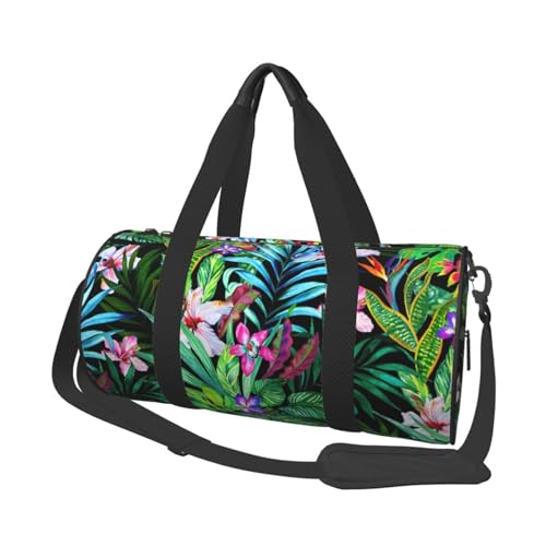 Bunte Reisetasche mit tropischen Blättern, Sporttasche, Turnbeutel, großer Druck, Polyester, Schultertasche für Damen und Herren, Schwarz , Einheitsgröße von HAHAFU