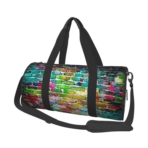 Bunte Ziegelstein-Reisetasche, Organizer, Sporttasche, Turnbeutel, großer Druck, Polyester, Schultertasche für Damen und Herren, Schwarz , Einheitsgröße von HAHAFU