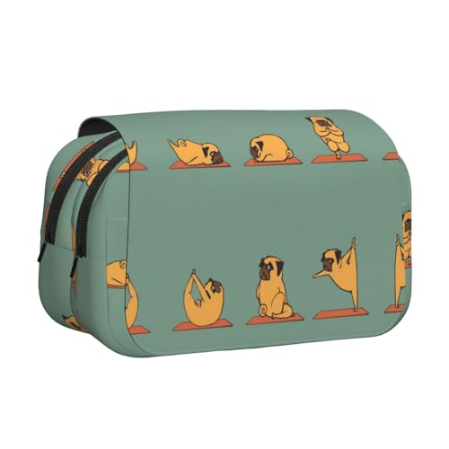 Doppelschichtiges Federmäppchen, Motiv: Yoga-Mops, großes Fassungsvermögen (für 50 Stifte/Bleistifte), Volldruck, strapazierfähiges Polyester, Schul- und Bürobedarf von HAHAFU