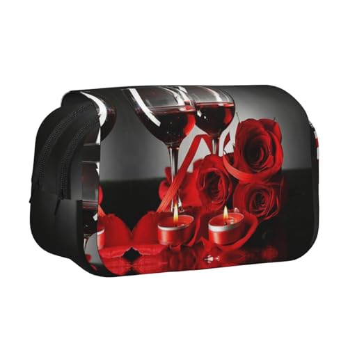 Doppelschichtiges Federmäppchen mit Rotweinrosen und Kerzen, großes Fassungsvermögen (für 50 Stifte/Bleistifte), Volldruck, strapazierfähiges Polyester, Schul- und Bürobedarf von HAHAFU