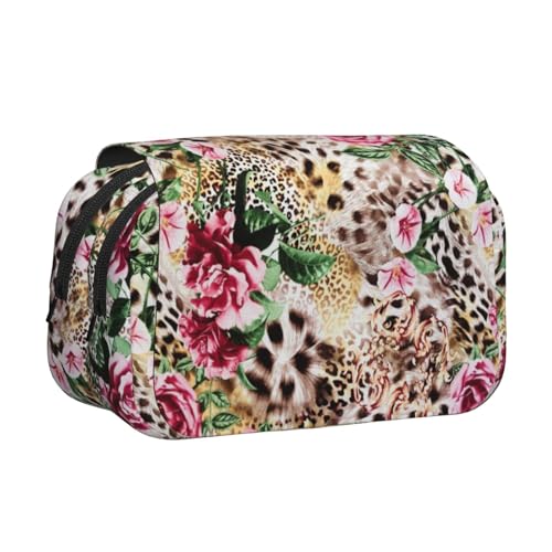 Doppelschichtiges Federmäppchen mit Tiermotiven, Leopardenmuster, Rose, großes Fassungsvermögen (für 50 Stifte/Bleistifte), Volldruck, strapazierfähiges Polyester, Schul- und Bürobedarf von HAHAFU