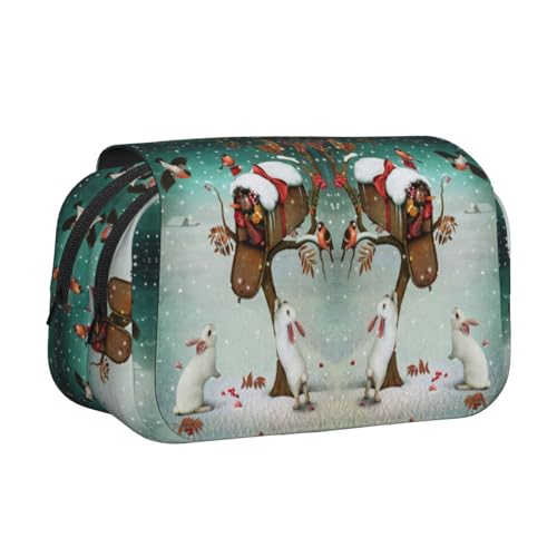 Doppelschichtiges Federmäppchen mit Weihnachts-Hasen-Motiv, großes Fassungsvermögen (für 50 Stifte/Bleistifte), Volldruck, strapazierfähiges Polyester, Schul- und Bürobedarf von HAHAFU