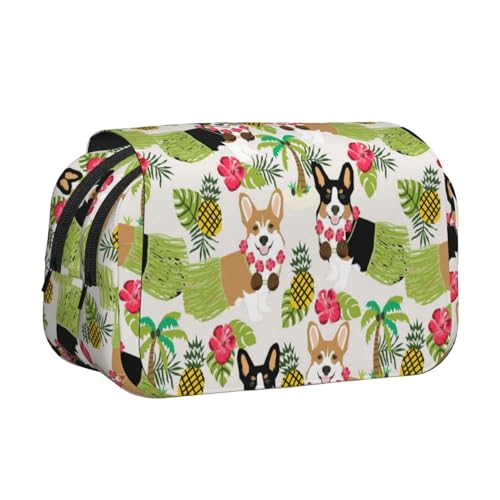 Doppelschichtiges Federmäppchen mit tropischer Blume und Corgi, großes Fassungsvermögen (für 50 Stifte/Bleistifte), Volldruck, strapazierfähiges Polyester, Schul- und Bürobedarf von HAHAFU