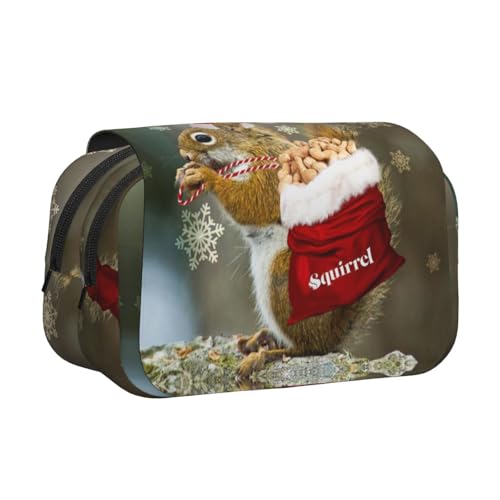 Doppelschichtiges Federmäppchen mit weihnachtlichem Eichhörnchen-Motiv, großes Fassungsvermögen (für 50 Stifte/Bleistifte), Volldruck, strapazierfähiges Polyester, Schul- und Bürobedarf von HAHAFU