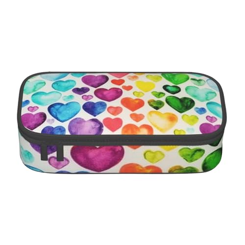 Federmäppchen mit Regenbogen-Herzen, langlebig, großes Fassungsvermögen, mit mehreren Fächern, bedruckt, wasserabweisend, Polyester, Schulbedarf-Organizer (quadratisches Design), Schwarz von HAHAFU