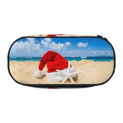 Federmäppchen mit Weihnachtsmannmütze am Strand, Doppelreißverschluss, großes Fassungsvermögen, knautschfester Polyester-Organizer mit 4 Stiftfächern und Netztasche für Schule, Büro, Reisen von HAHAFU
