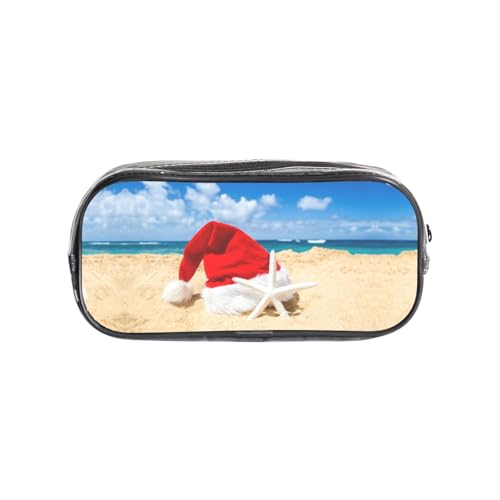 Federmäppchen mit Weihnachtsmannmütze am Strand, transparentes PVC-Federmäppchen, Make-up-Tasche für Schule, Büro, Reisen, Fitnessstudio, Zubehör, Organizer (komplett bedruckte Vorderseite) von HAHAFU