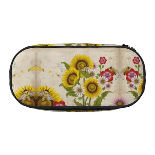 Federmäppchen mit doppeltem Reißverschluss, Motiv: Bienen, Sonnenblumen, Rose, Make-up-Tasche, großes Fassungsvermögen, knautschfestes Polyester, Organizer mit 4 Stiftfächern und Netztasche für Schule von HAHAFU