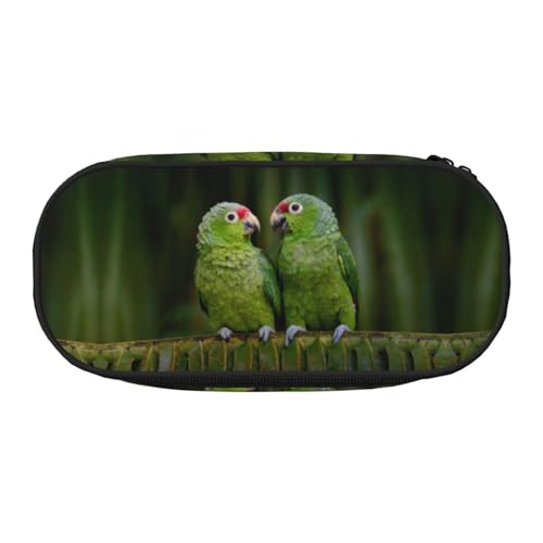 Federmäppchen mit zwei Papageien auf grüner Palme, Doppelreißverschluss, großes Fassungsvermögen, knautschfester Polyester-Organizer mit 4 Stiftfächern und Netztasche für Schule, Büro, Reisen von HAHAFU