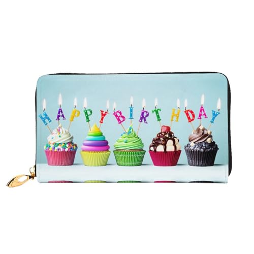 HAHAFU Bunte Damen-Geldbörsen aus Leder mit Aufschrift "Happy Birthday", Motiv: Cupcakes, multifunktional, großes Fassungsvermögen, Reißverschluss, Kartenetui, Schwarz , Einheitsgröße von HAHAFU