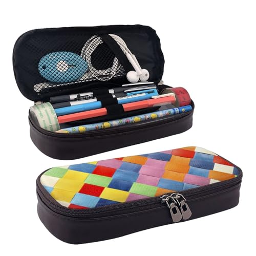 HAHAFU Buntes kariertes Federmäppchen für Mädchen und Jungen, Leder, personalisierbarer Druck, großes Schreibwaren-Federmäppchen mit Fächern., Schwarz , Einheitsgröße, Taschen-Organizer von HAHAFU