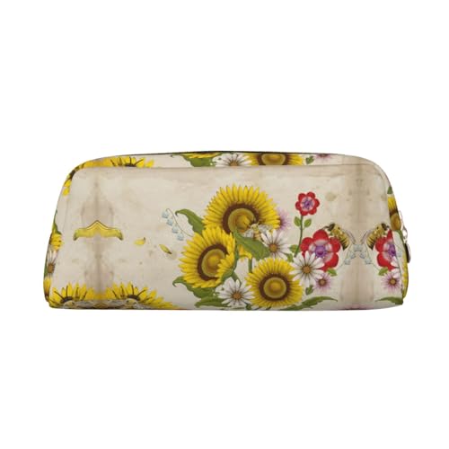 HAHAFU Federmäppchen aus Leder, Motiv: Bienen, Sonnenblumen, Gänseblümchen, Rose, Blumen, für Mädchen und Jungen, bedruckt, Schreibwaren, Organizer, Tasche, Schule, Büro, gold, Einheitsgröße, von HAHAFU