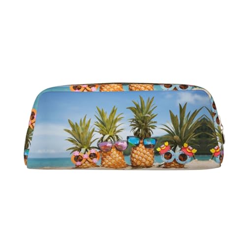 HAHAFU Federmäppchen aus Leder mit Ananas-Frucht-Sonnenbrille, Sand, Strand, niedliches Federmäppchen für Mädchen und Jungen, bedruckt, Schreibwaren, Organizer, Tasche, Schule, Büro, Federmäppchen, von HAHAFU