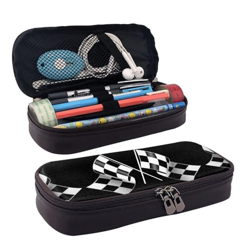 HAHAFU Federmäppchen aus Leder mit karierten Flaggen, für Mädchen und Jungen, personalisierbarer Druck, großes Schreibwaren-Federmäppchen mit Fächern, Schwarz / Weiß, Schwarz , Einheitsgröße, HAHAFU Federmäppchen aus Leder mit karierten Flaggen, für Mädchen und Jungen, personalisierbarer Druck, großes Schreibwaren-Federmäppchen mit Fächern, Schwarz / Weiß, Schwarz , Einheitsgröße, von HAHAFU