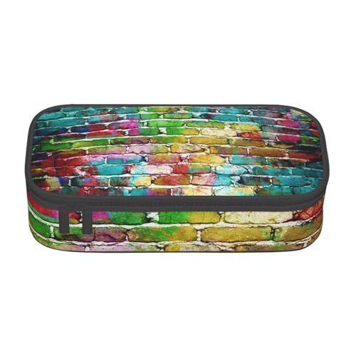 HAHAFU Federmäppchen aus buntem Ziegelstein, langlebig, großes Fassungsvermögen, mit mehreren Fächern, bedruckt, wasserabweisend, Polyester, Schulbedarf-Organizer (quadratisches Design), Schwarz von HAHAFU