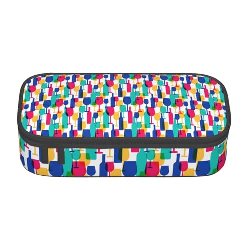 HAHAFU Federmäppchen für Cocktailgläser und Weinflaschen, langlebig, großes Fassungsvermögen, mit mehreren Fächern, bedruckt, wasserabweisend, Polyester, Schulbedarf-Organizer (quadratisches Design von HAHAFU