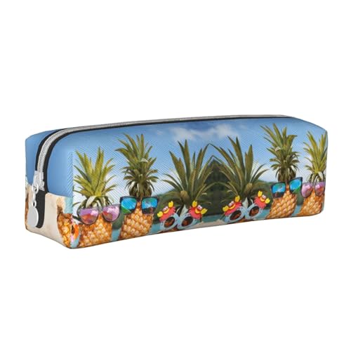 HAHAFU Federmäppchen für Mädchen und Jungen, Motiv: Ananas, Obst, Sonnenbrille, Sand, Strand, niedlicher Druck, Leder, Schreibwaren, Organizer, Box, Schule, Bürobedarf, weiß, Einheitsgröße, von HAHAFU